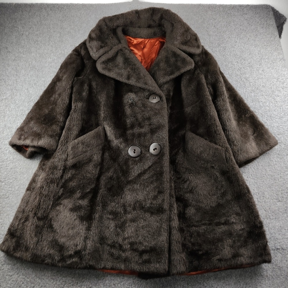 Vintage Fur‎ Coat Brown Double Breasted Mid Length Oversized Collar Pockets
